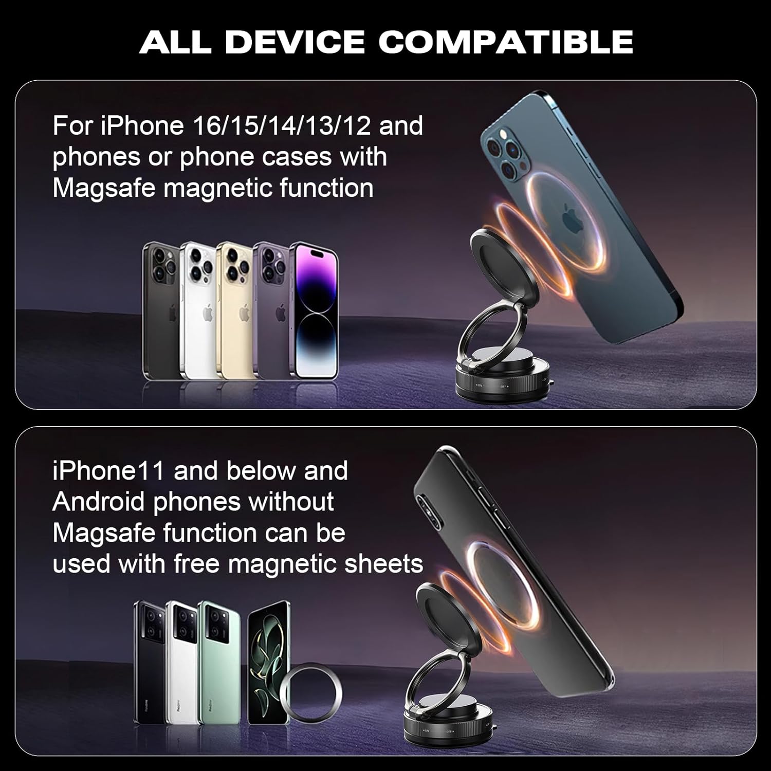 Vipbu Phone Mount, Vipbu Phone Holder, Car Phone Holder, 360° Adjustable Vacuum Magnetic Phones Holders, Foldable Car Mount, Universal Adjustable Stand for Phone Smartphones (Black)