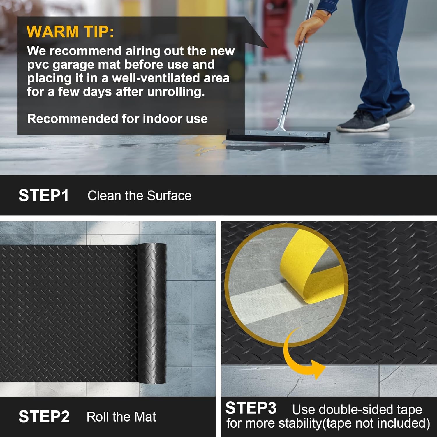 4x6 FT Garage Floor Mat, 2 Rolls 2.8mm Thickened Flooring Roll 48 sqft Diamond Plate PVC Rubber Trailer Mat, Non-Slip Floor Mat for Garage, Motorcycle, Trailer, Pickup Truck, Black