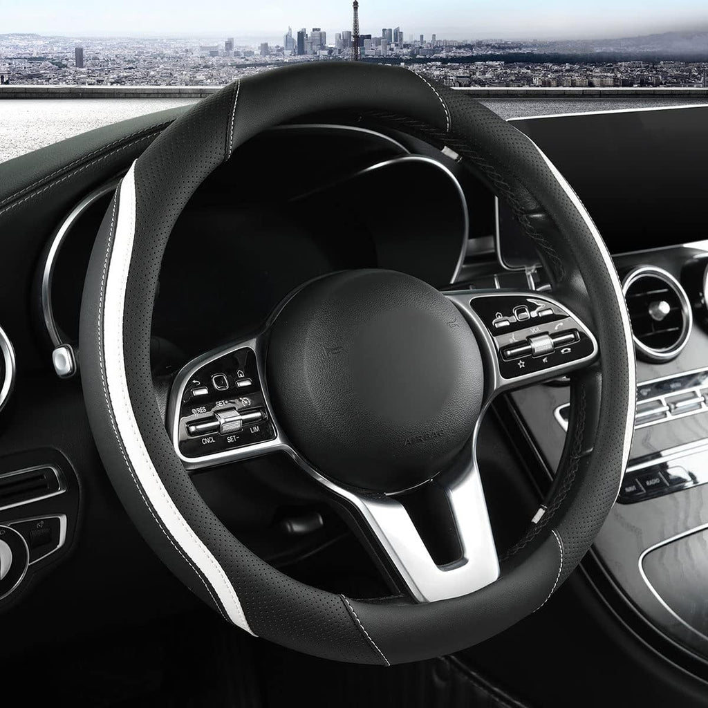 Car Steering Wheel Cover, Leather Steering Wheel Cover White Universal 14.5-15 Inch Microfiber Leather Anti-Slip Breathable Auto Steering Wheel Covers for Men Women(Black & White)