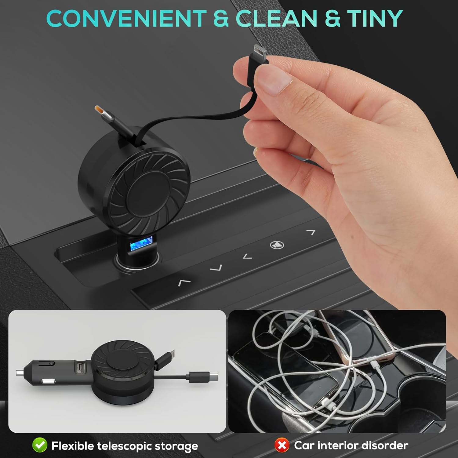 Retractable Car Charger, 3 in 1 Fast Charging Car Phone Charger 50W, Mini Adapter with 2 Cables+1 Port Cigarette Lighter USB C Charging for Apple iPhone 15 Pro/Samsung/Android/Pixle