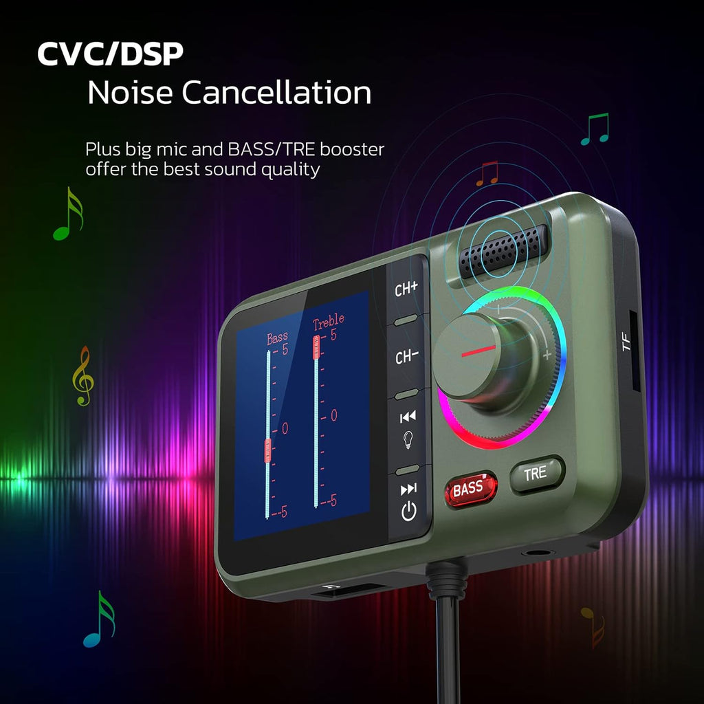 Nulaxy Bluetooth FM Transmitter for Car, Wireless Car Bluetooth Adapter with Big Color Screen, Support QC3.0 Fast Charging, Hands-Free Call, MP3 Music Player BASS&TRE Booster, TF Card AUX-KM28 Green