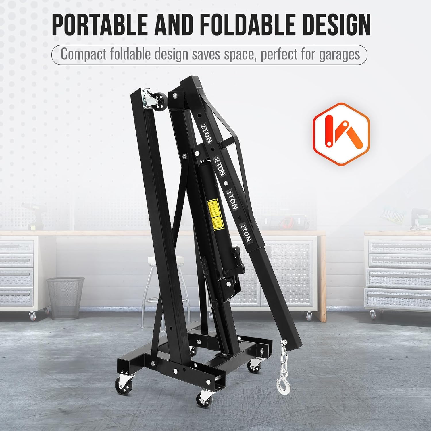 2 Ton Engine Hoist, Hydraulic Cherry Picker Engine Hoist Lift, 4400LBS Heavy Duty Crane Lifter with 6 Casters and Telescopic Boom, Foldable & Portable Design, for Garage, Workshop, Warehouse (Black)
