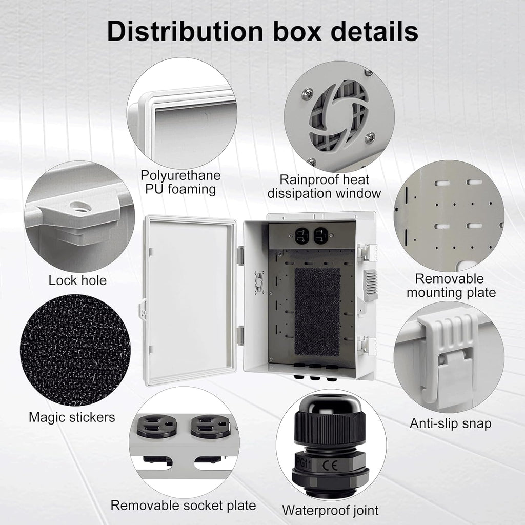 Outdoor Electrical Junction Box, ABS Water Resistant Enclosure with Internal Mounting Panel & Hinged Cover (13" H* 9.2" L* 4.6" W & Outlet)