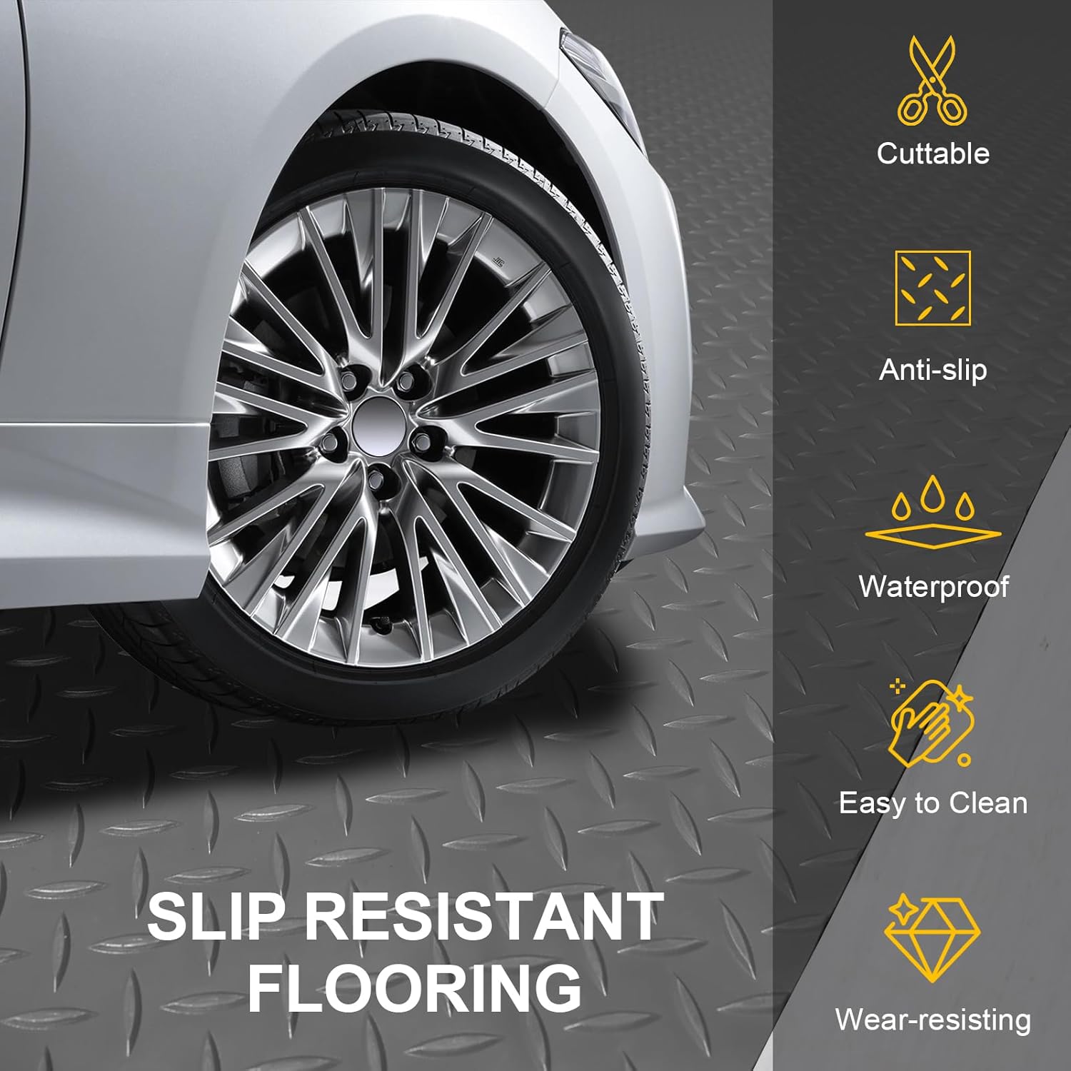 Garage Floor Mat 2.8mm Thickness PVC Garage Flooring Roll Diamond Plate Floor Mats for Garage, Workshop, Gym, Golf Cart Parking or Trailers (Grey, 7.5 x 17 FT)