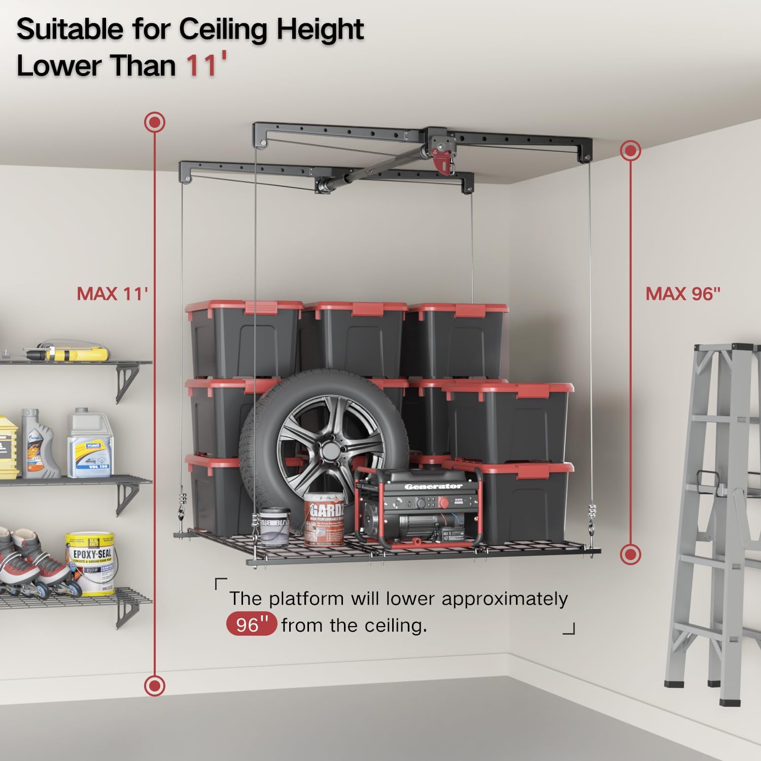 Overhead Garage Storage Lift, Adjustable Heavy-duty 4x4 Ft Ceiling Racks with Safety Lock, Ideal for Storage Lifting Organization System, 250lbs Capacity (Standard Edition)