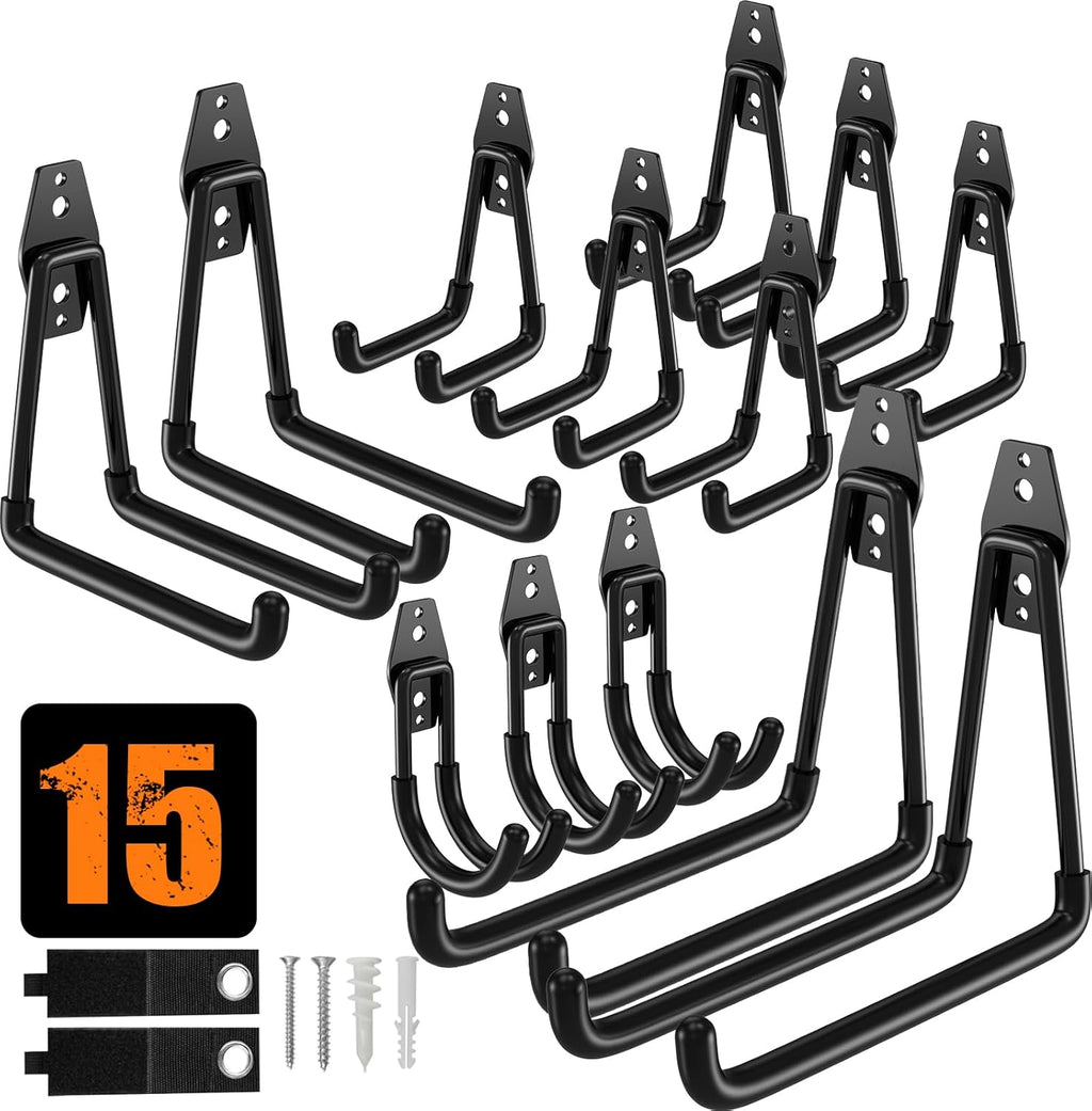 QcoQce 15 Pack Garage Hooks Heavy Duty with 2 Extension Cord Straps,Garage Storage Hooks, Wall Mount Hooks, Garage Organization and Tool Hangers for Bike, Ladder, Ropes and Garden Tools