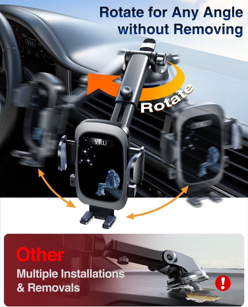 YRU True Military-Grade & 360 Degrees Rotatable Suction 2025 Ultimate Car Phone Holder Mount 90+LBS Safest Strongest Patent Certs Dashboard Windshield Vent for iPhone 16 15 Pro Max Samsung Dark Black