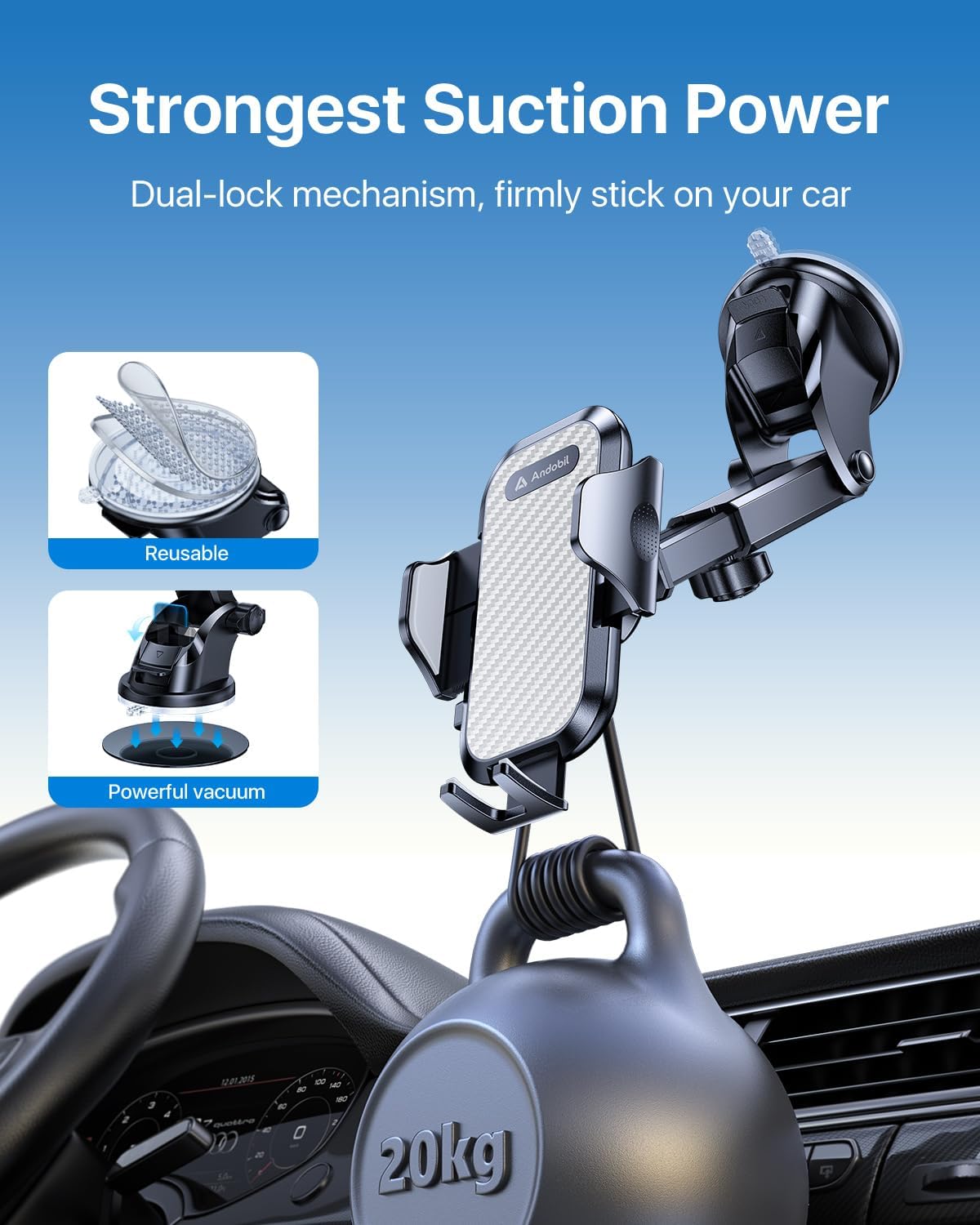 andobil Car Phone Mount [Ultra Stable & Big Phones Friendly] Cell Phone Holders for Your Car Dashboard Windshield Vent Truck, Car Phone Holder Mount for iPhone 16 15 14 13 12 Pro Max Samsung S24 S23