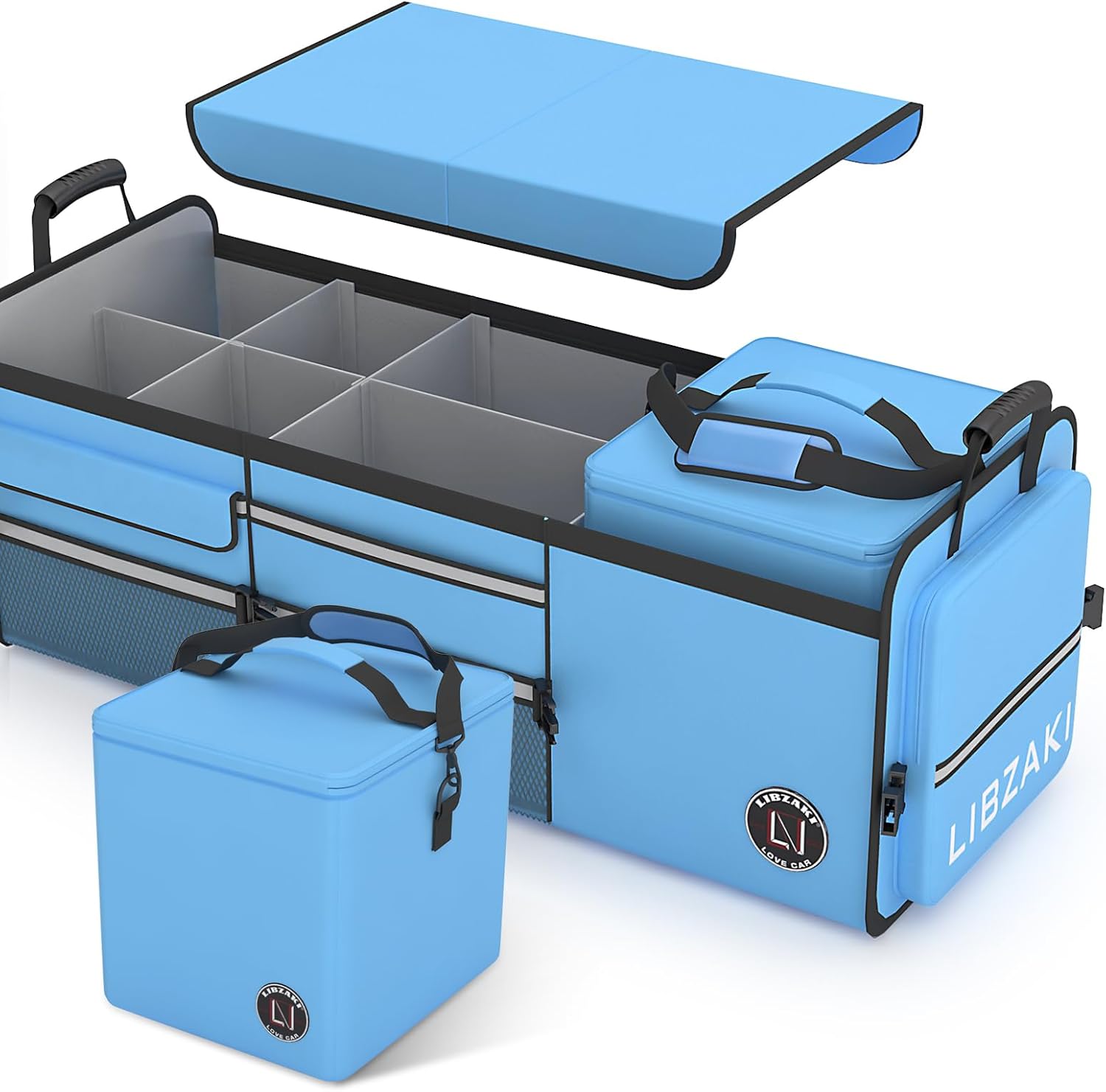 LIBZAKI Oversize 4 in 1 Car Trunk Storage Organizer, Multi Compartment Collapsible Trunk Storage Box with Cooler Bag for Car Truck SUV-Light Blue