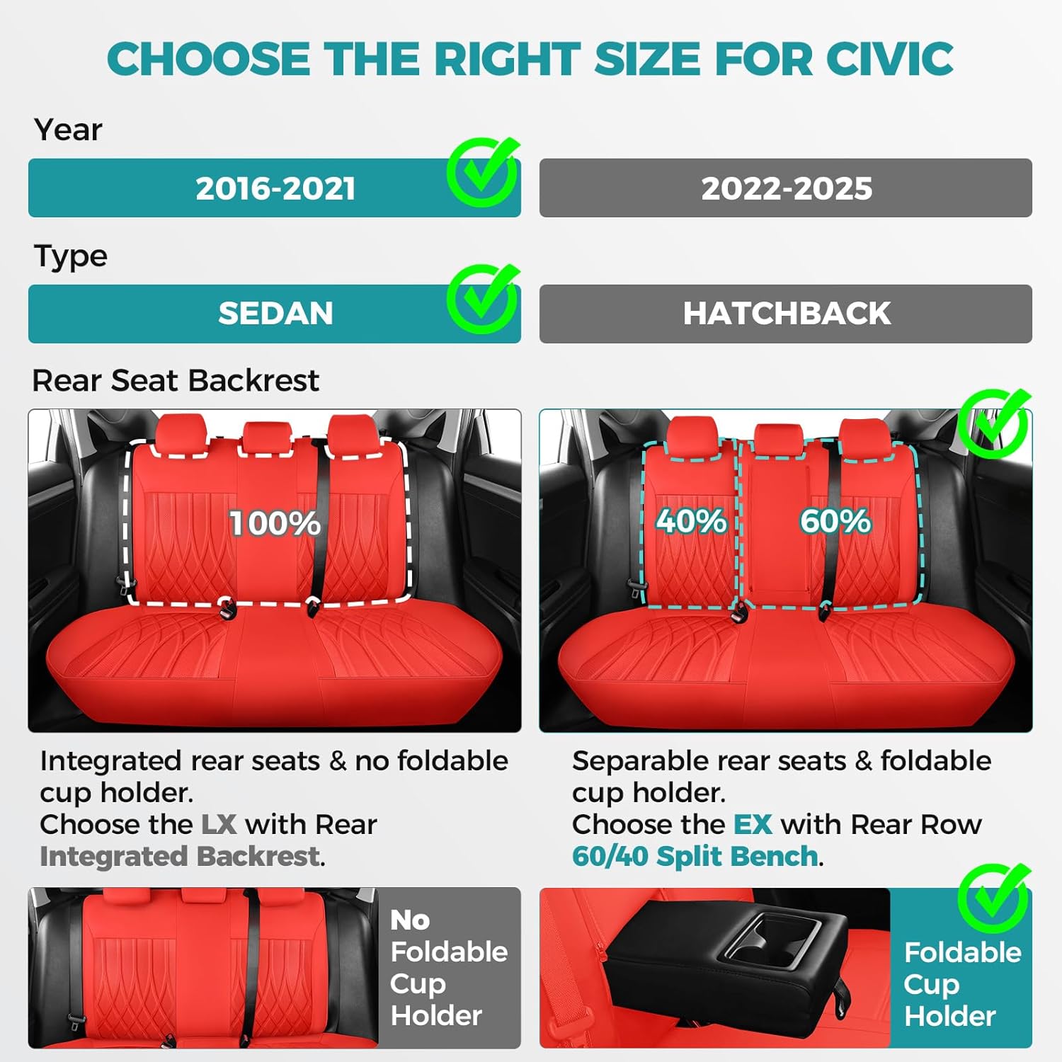 Seat Covers for Honda Civic Sedan EX-L, EX-T, EX, Touring, LX-P, Sport 2016 2017 2018 2019 2020 2021, Faux Leather Car Seats Cover Full Set(Rear Row 40/60 Split & Folding Backrest)-RED