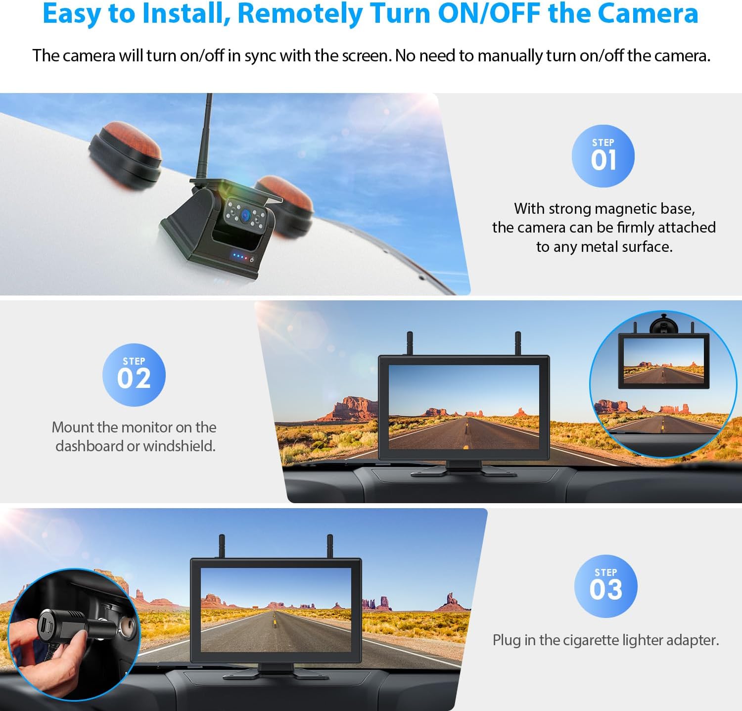4 Magnetic Solar Wireless Backup Camera HD1080P DVR 10.1" Touchscreen Monitor, Quad RV Rearview Backup Cameras Wireless System for RV Trailer Tractor, Built-in 9600mAh Solar Battery, BL104