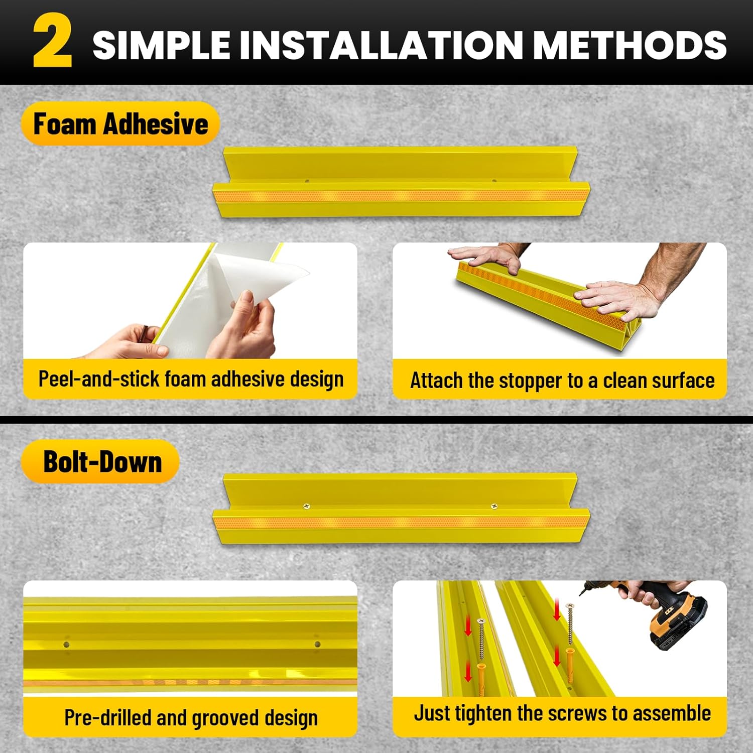 ROBLOCK 18" Parking Stopper for Garage, Car Stopper for Garage Precision Stopping, Heavy Duty Parking Block with Reflective Strips, Suitable for Car, SUV, Easy Install, 2 Packs, Yellow