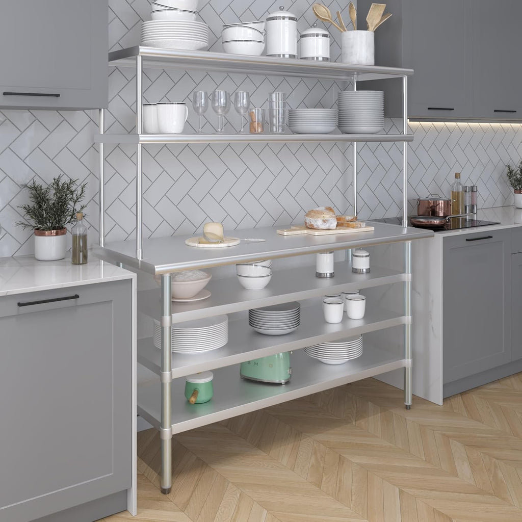 Amgood 24" x 60" Stainless Steel Work Table with 3 Shelves and 18" Wide Double Tier Overshelf | Metal Kitchen Prep Table & Shelving Combo | NSF