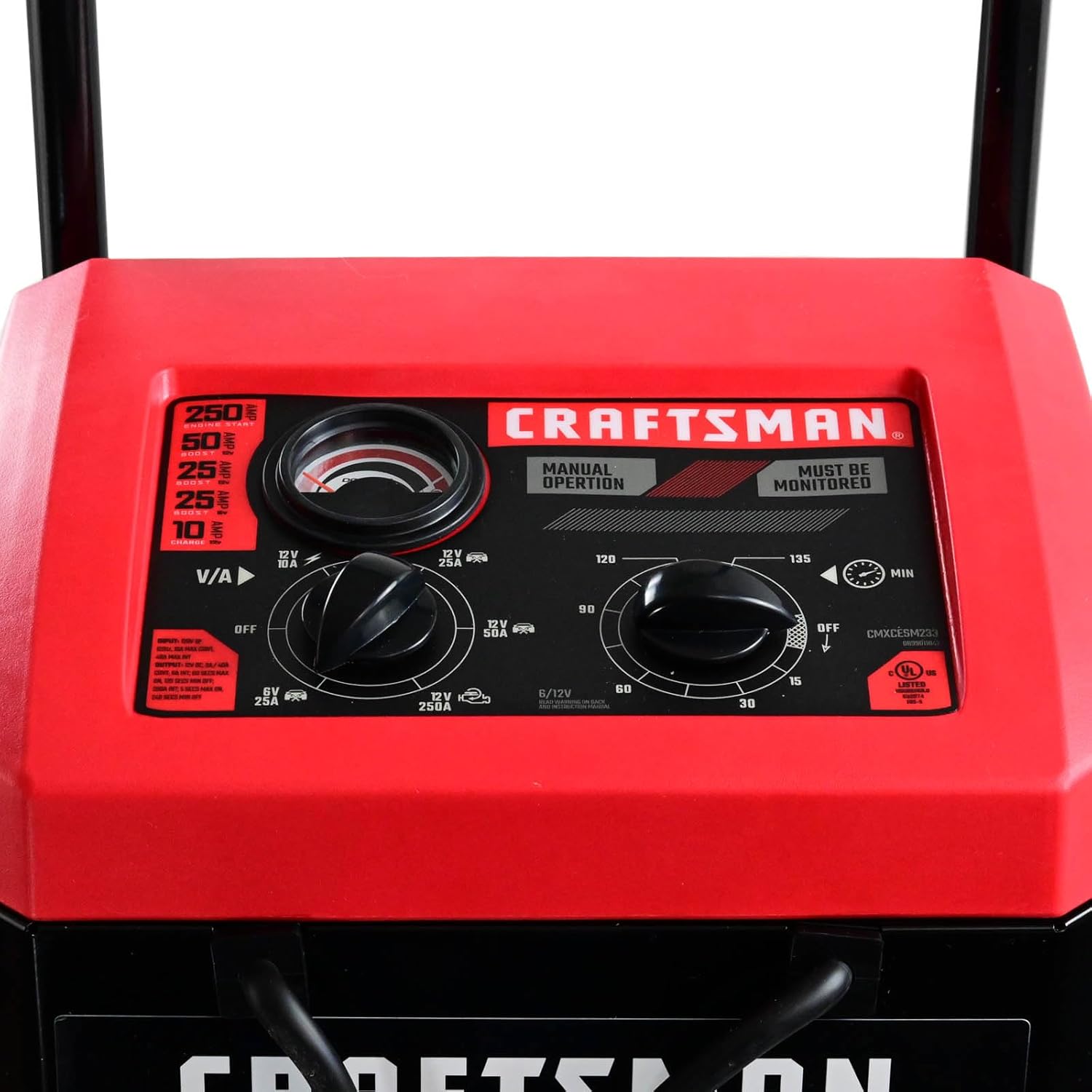 CRAFTSMAN Wheeled Battery Charger and Engine Starter, CMXCESM233, 2-in-1 Manual Timer Controlled, 250 Cranking Amps, 6 Volt, 12 Volt, for Car, SUV, Truck, and Marine Batteries