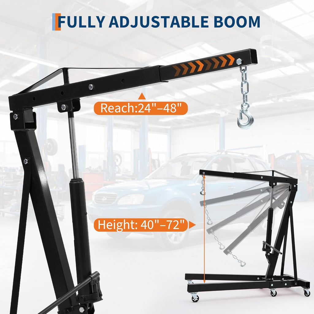 Engine Hoist Cherry Picker, 2 Ton Folding Hydraulic Engine Hoist with Telescopic Boom & 6 Casters, Heavy Duty Shop Crane Lifting Cherry Picker for Workshops Garage, Black