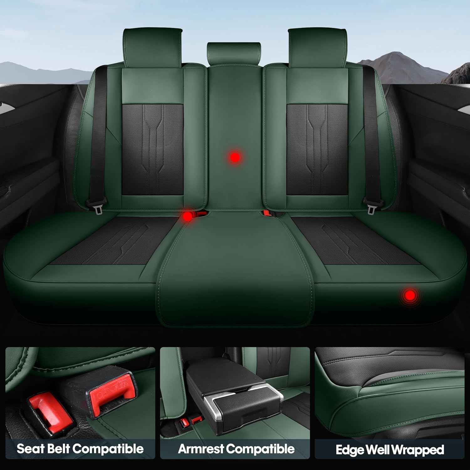AOOG Car Seat Covers Full Set, Leather Seat Covers for Car, Waterproof Car Seat Protector with Lumbar Support, Automotive Seat Covers Universal Fit for Most Cars SUV Trucks (Full Set, Green&Black)
