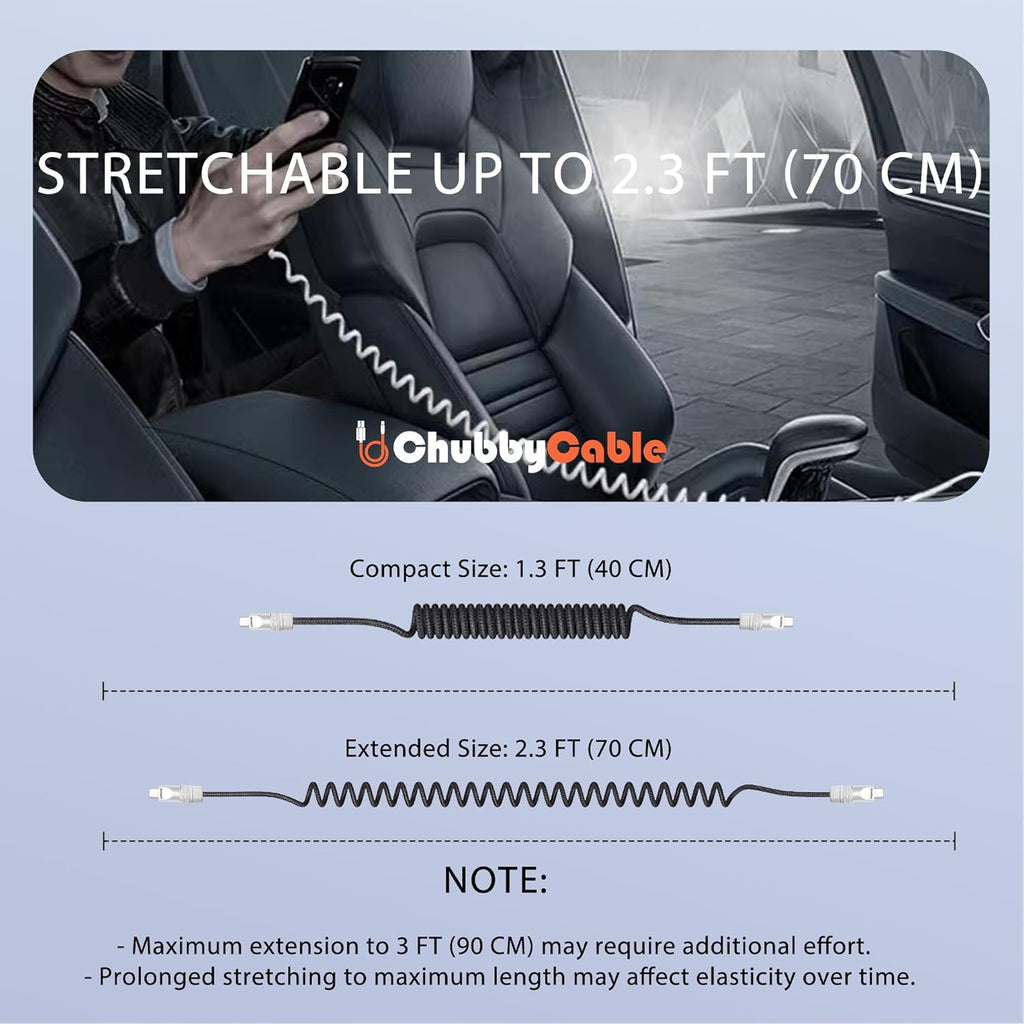 chubbycable Curly Chubby - Retractable Fast Charging Cable 240W Coiled Charger Cord for Car Durable USB-C Cable for Phones, Tablets and More, Yellow+Yellow, USB-A to Type-C, 1.3FT-2.3FT