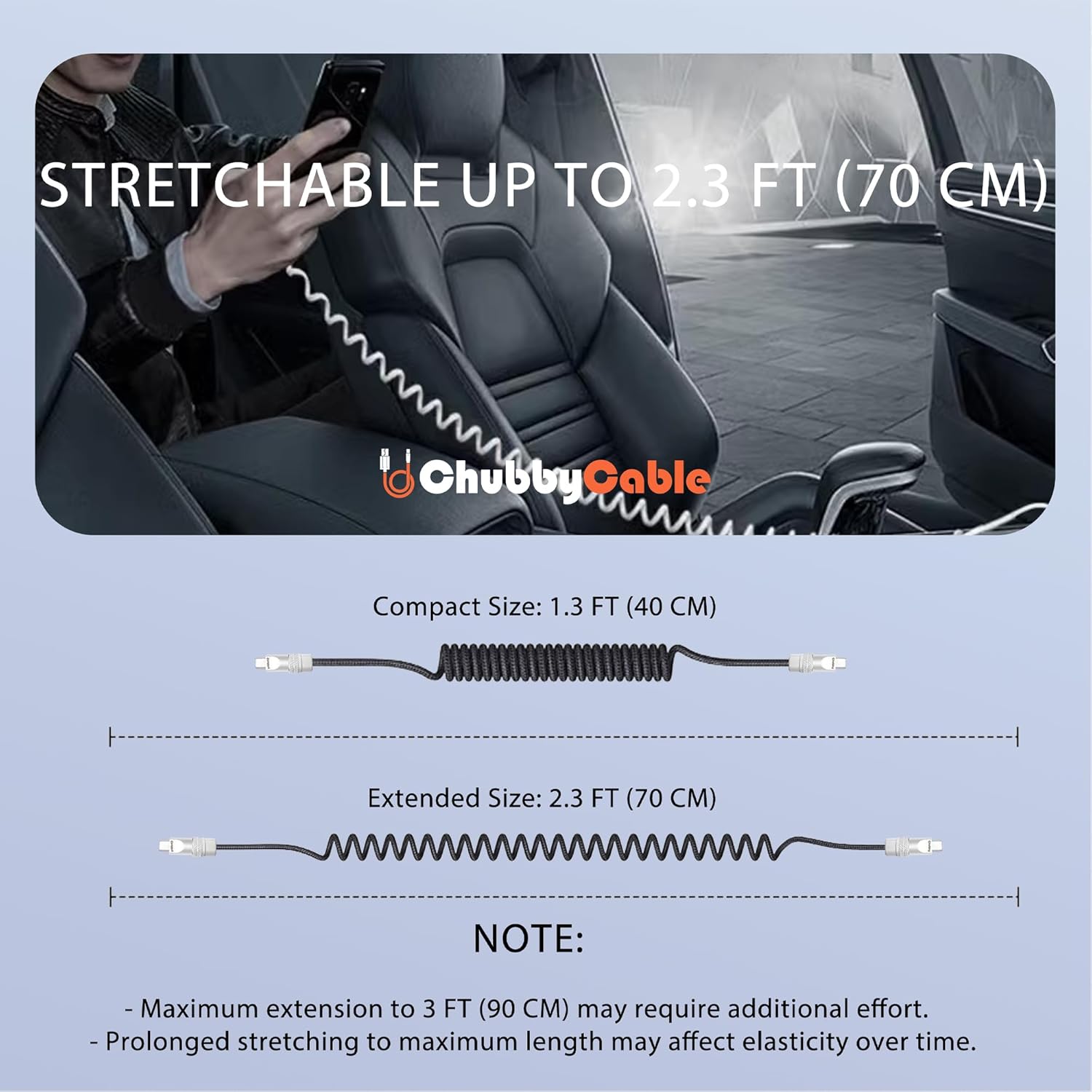 chubbycable Curly Chubby - Retractable Fast Charging Cable 240W Coiled Charger Cord for Car Durable USB-C Cable for Phones, Tablets and More, Yellow+Yellow, USB-A to Type-C, 1.3FT-2.3FT