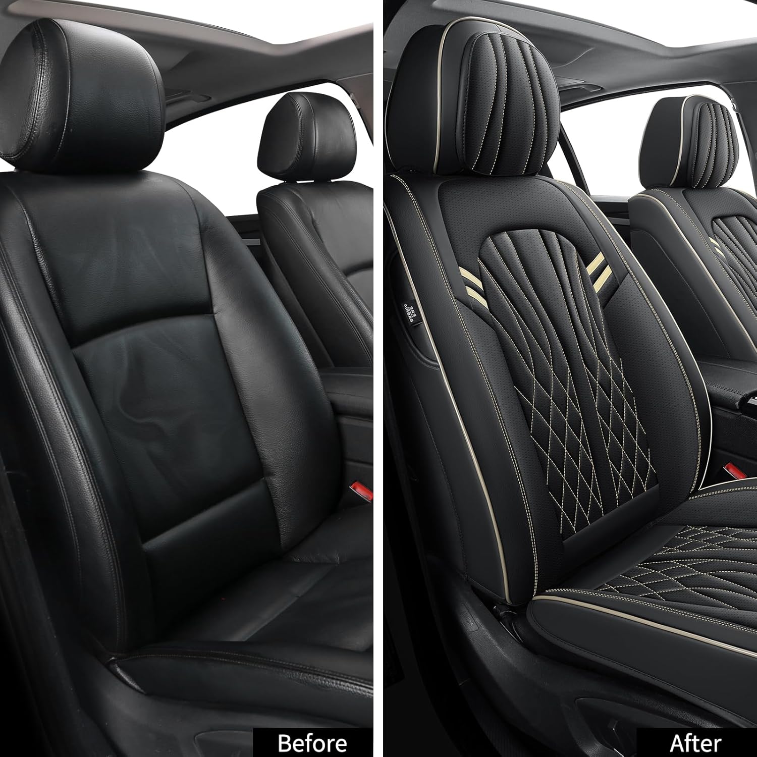 Seat Covers for Cars, Waterproof Seat Covers, Leather Car Seat Covers 2 Pack, Universal Seat Cushion Protector for Most Cars Black&Beige Line