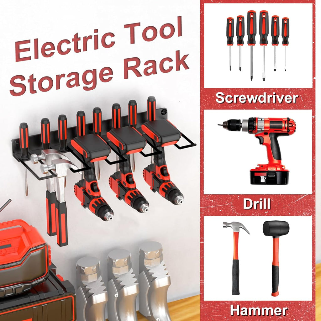 Drill Holder Power Tool Organizer Wall Mount, 4 Cordless Drill Racks with Screwdriver Hole, Heavy Duty Metal Garage Tool Organizer Storage for Tool Room Workshop Basement(1 Tier Black)