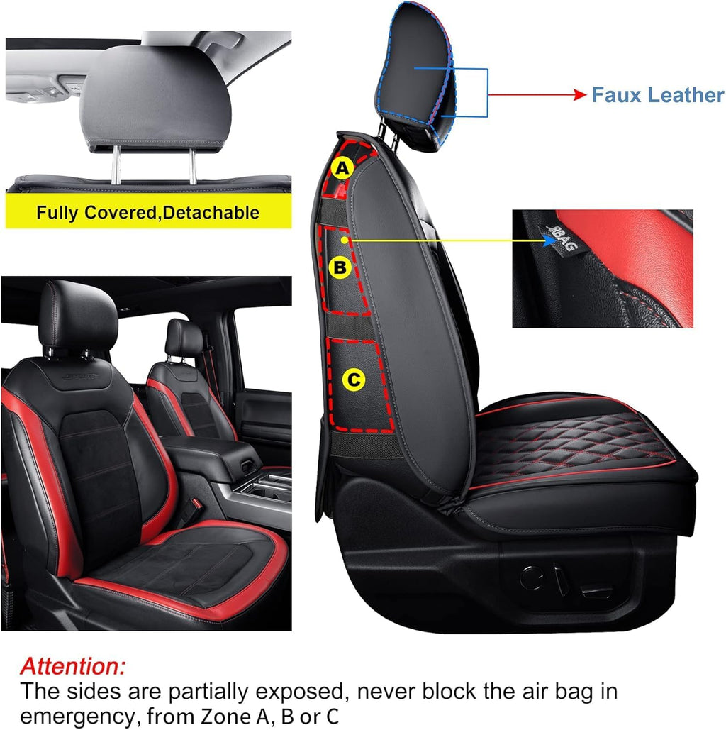 LUCKYMAN CLUB F150 Faux Leather Seat Covers Fit for 2015-2025 F150 and 2017-2025 F250 F350 F450 Pickup Trucks(Full Set, Black&Red)