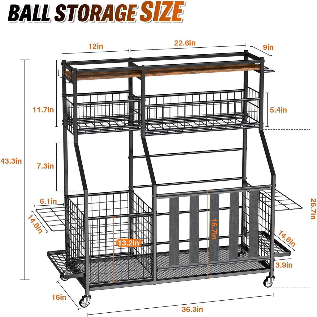 Sports Equipment Organizer, Garage Storage with Basket and Hooks, Rolling Cart with Wheels for Toy Sports Gear Storage, Ball Rack for Indoor/Outdoor