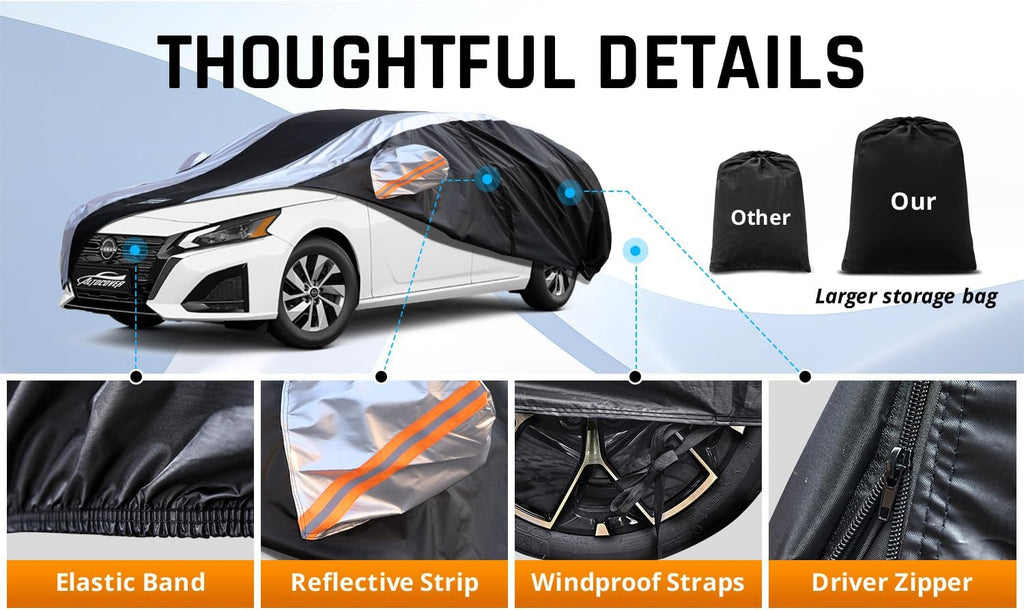 Altima Car Cover Waterproof All Weather with Silver Strip Design, Custom Fit for Altima 2005–2025, Altima Accessory with Door Zipper & Windproof Straps