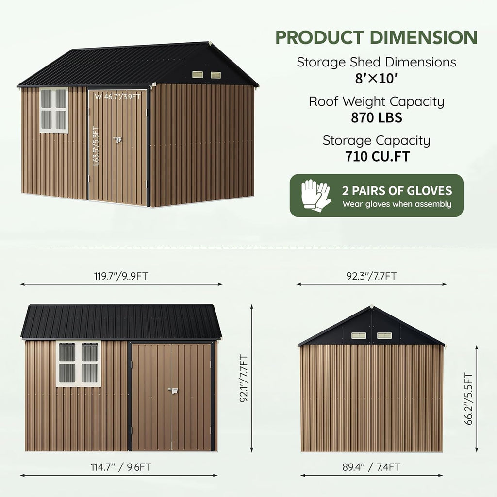 8x10 FT Outdoor Metal Storage Shed, Single Door, 1 Clear Window, Tool Shed for Garden, Patio, Backyard Brown