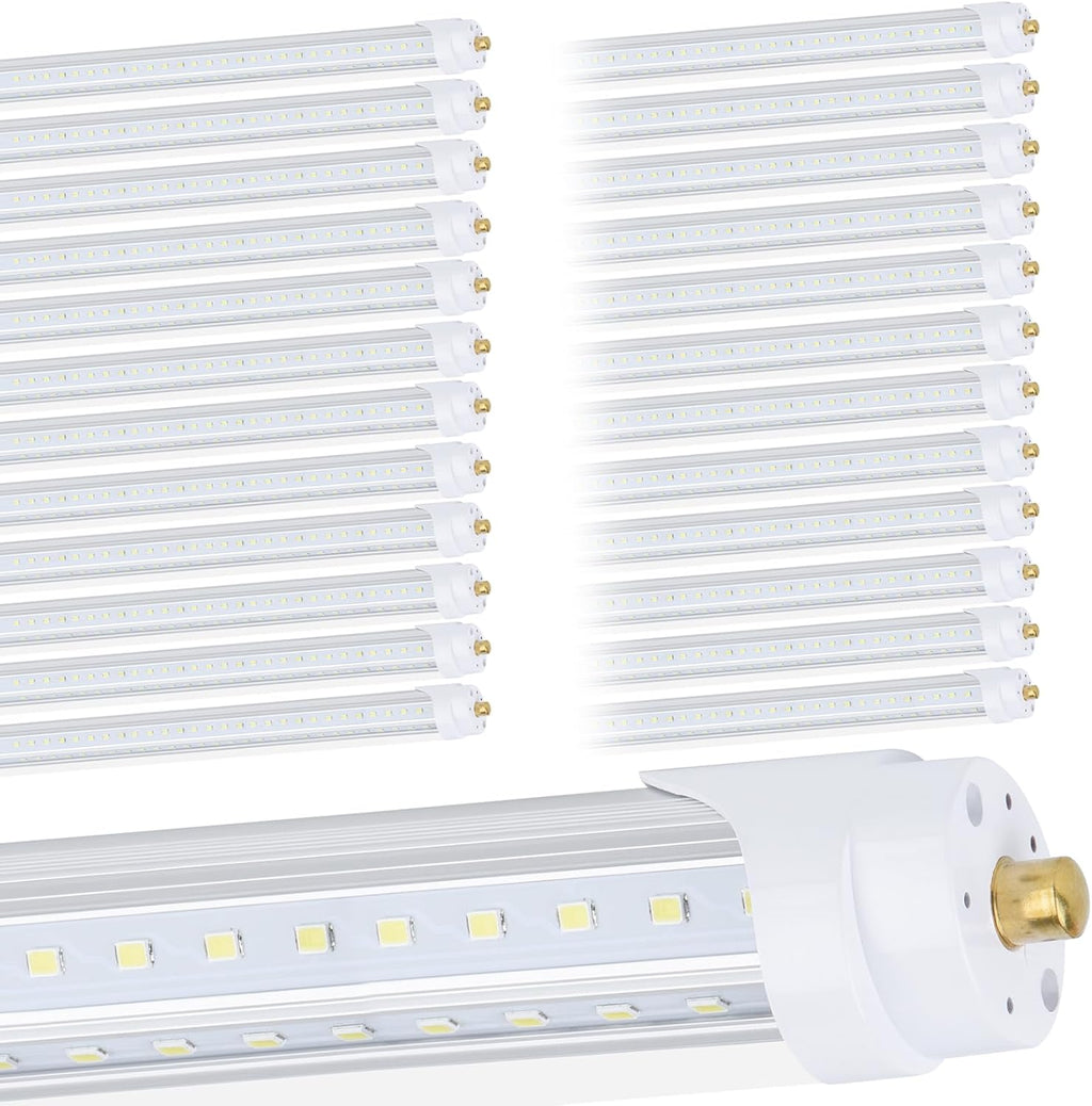 25 Pack, T8/T10/T12 8FT LED Tube Light, Single Pin FA8 Base, 100W 6000LM 6000K Cold White, 270 Degree V Shaped LED Fluorescent Bulb (200W Equiv.), Clear Cover, Dual-Ended Power