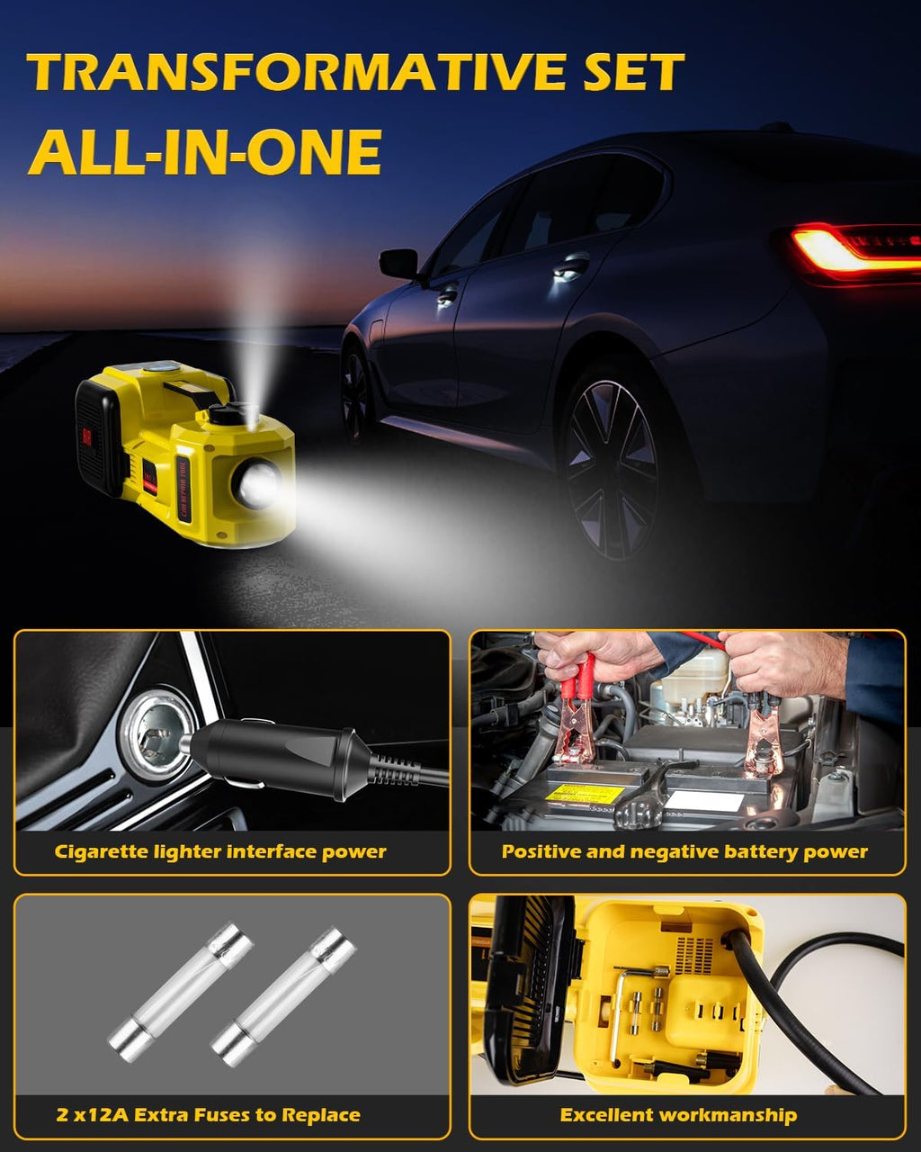 Electric Car Jack, 5 Ton 12V Digital Display Electric Jack for Car with E-Impact Wrench, Tire Inflator Pump and LED Light, (Lifting Range: 6.1~17.7 Inch) for Sedan, SUV, Truck Tire Change Replacement