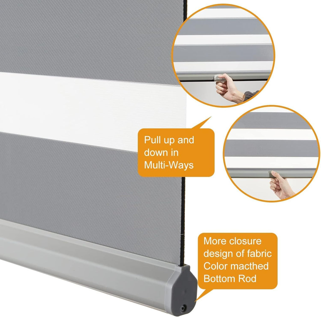 Persilux Cordless Zebra Blinds for Windows (35" W X 72" H, Grey) Free-Stop Dual Layer Roller Windows Shades for Day and Night, Light Filtering Sheer Shades for Home, Easy to Install