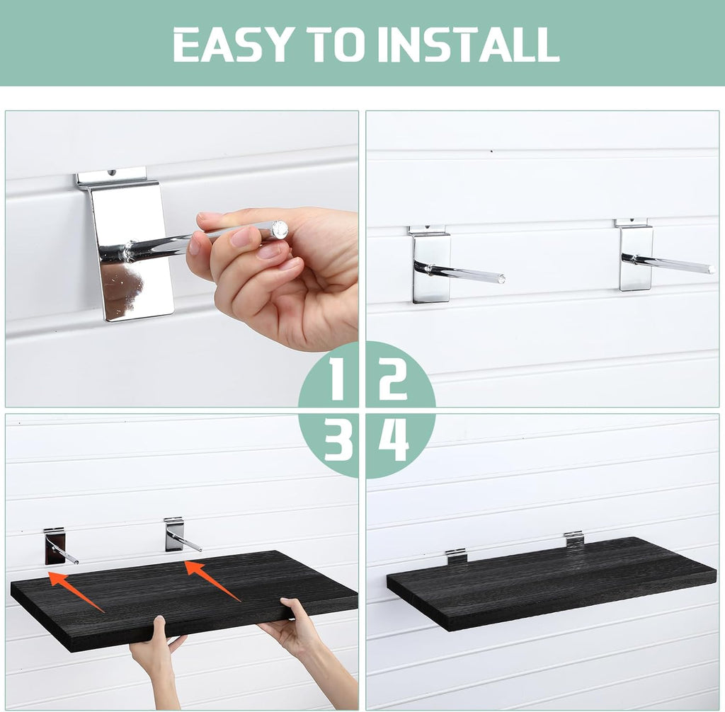 4 Pack Wooden Slatwall Shelf, Black Slatwall Shelves with Metal Hooks Organizer Set Mounted Accessories for Garage Home Workshop Workbench 23.6" x 11.8" x 1.1"