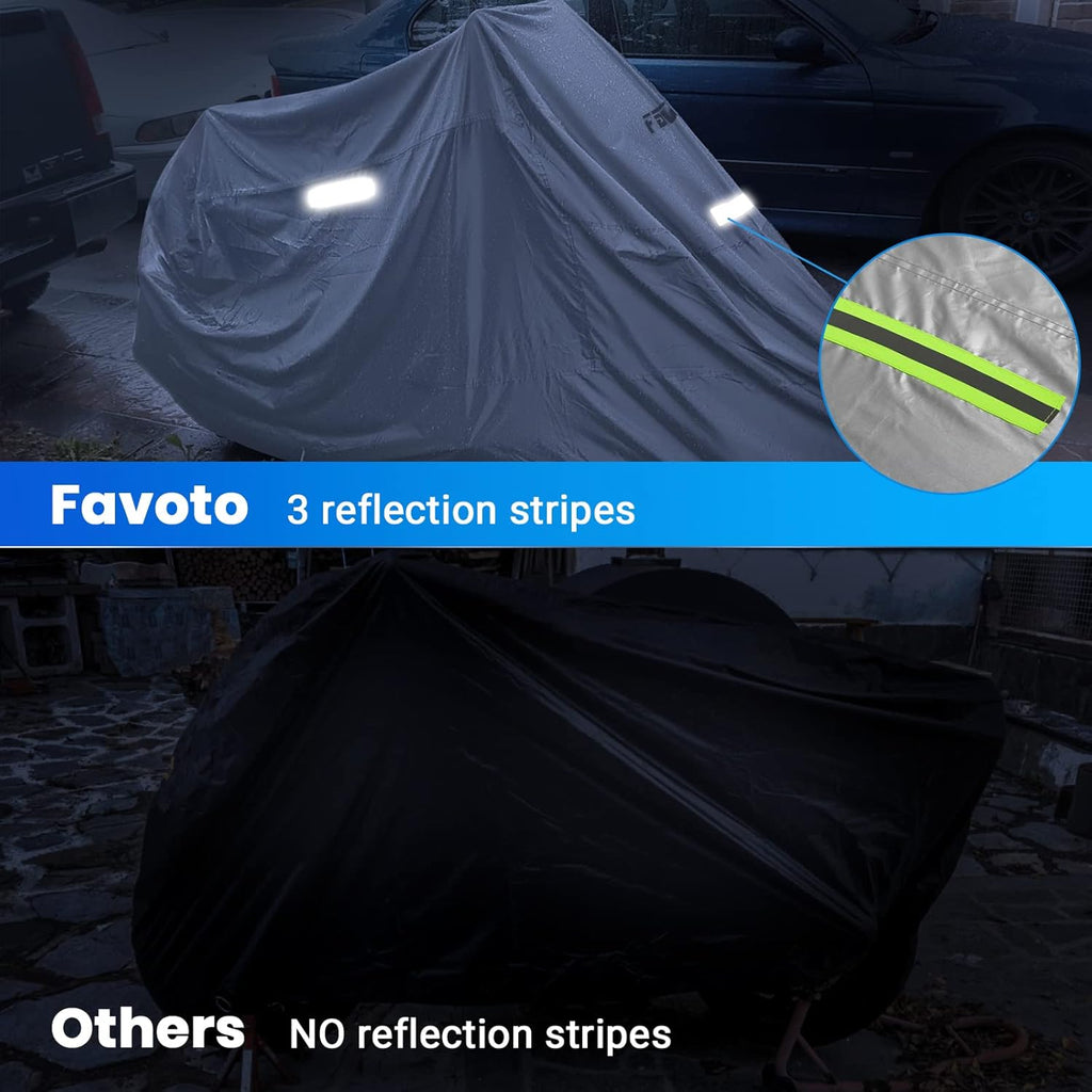 Favoto Motorcycle Cover Waterproof Outoor - Universal Heavy Duty Oxford Fabric with Lock-Hole 3 Night Reflectors Windproof Buckles Storage Bag Rain Dust Sun Protection Silver, 86.6 inch