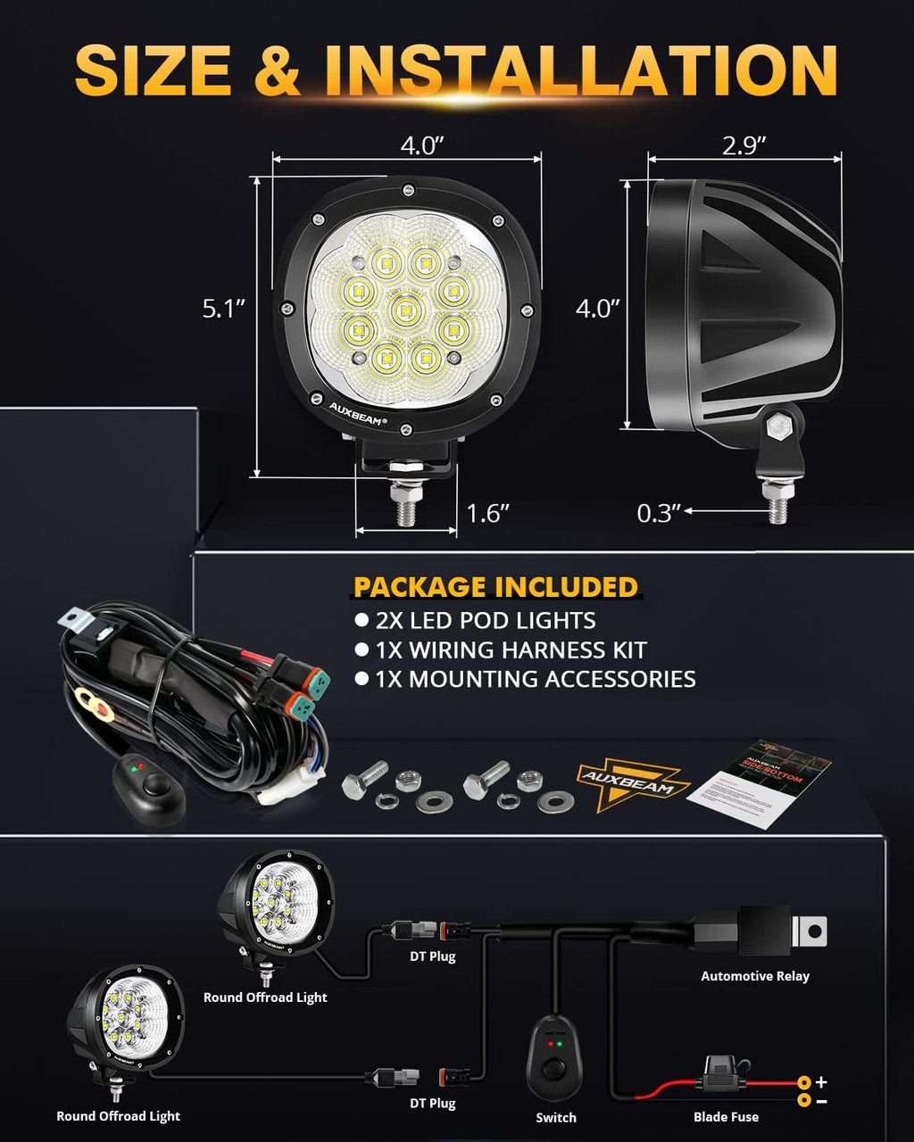 Auxbeam P4 Series Flood Beam LED Pods 4 Inch 90W Round Offroad Fog Lights Driving Flood Light Bar Bumper A-Pillar Hood Mount for Trucks ATV UTV Motorcycle Jeep