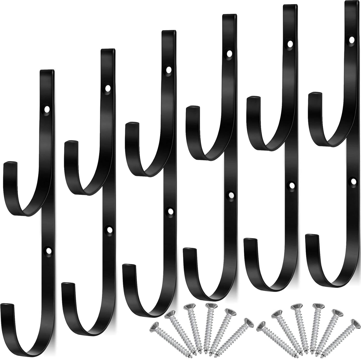 6 Pieces Pool Pole Hook Hanger Swimming Metal Brackets Pool Hook with 12 Pieces Screws for Telescopic Poles, Skimmers, Leaf Rakes, Net, Brush, Vacuum Hose, Garden and Pool Accessories (Black)
