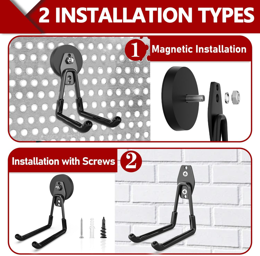 3-H Heavy Duty Magnet Garage Hooks 2 Pack, Extra Large Strong Magnetic Hooks for Hanging Cordless Power Drill, Utility Magnetic Tool Holder for Metal Cabinet, Steel Pegboard, Toolbox, Garage(Black)
