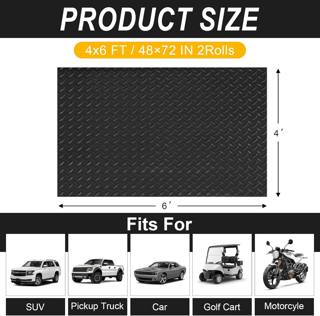 4x6 FT Garage Floor Mat, 2 Rolls 2.8mm Thickened Flooring Roll 48 sqft Diamond Plate PVC Rubber Trailer Mat, Non-Slip Floor Mat for Garage, Motorcycle, Trailer, Pickup Truck, Black