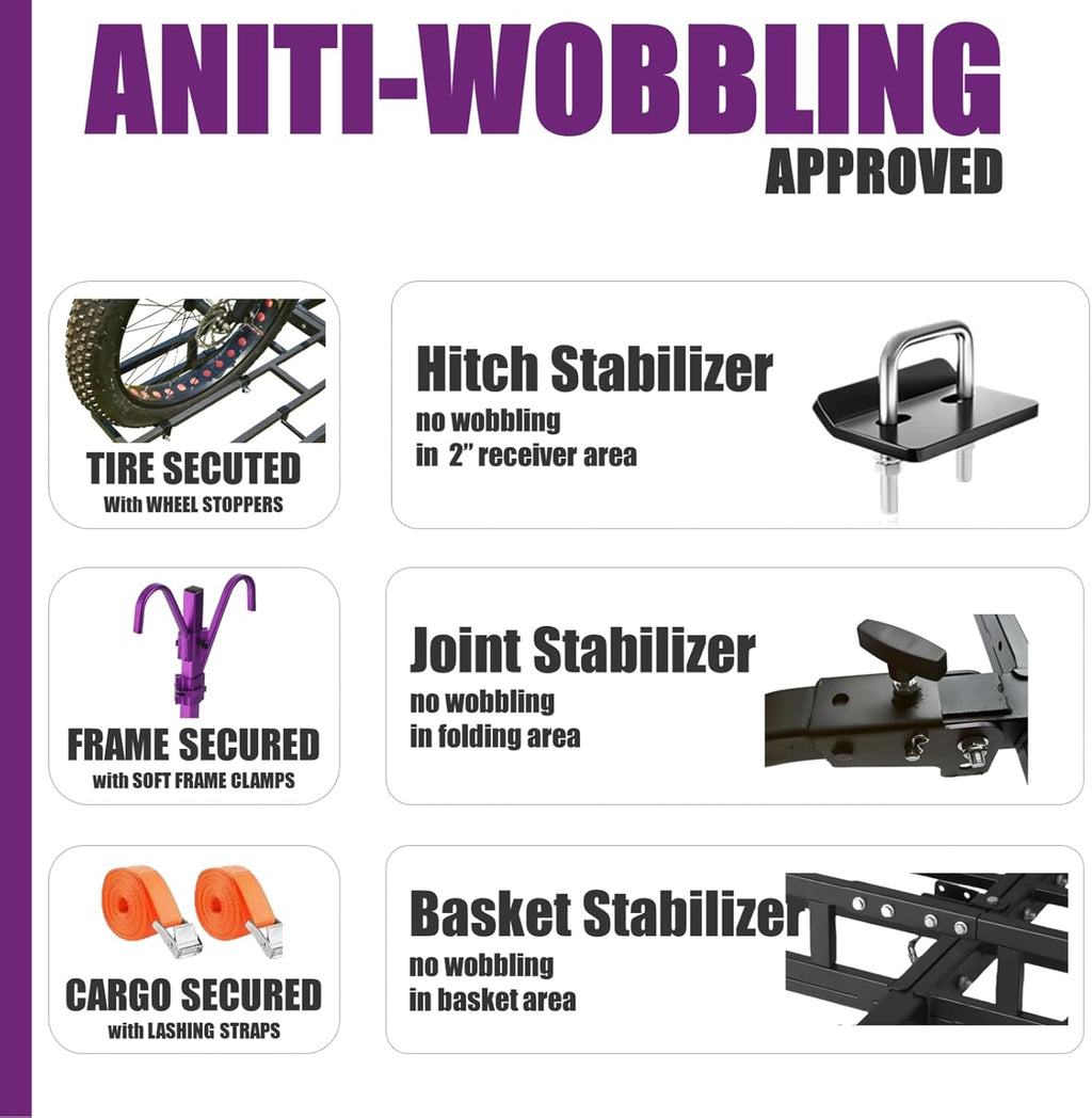 Hitch-Mount Bike Rack for Ebike Heavy-Duty - Comes with Cargo Carrier Fits 2 Electric Fat-Tire Mountain Bicycles Fits 2" Receiver for Car Trailer SUV Truck RV Minivan (Purple)