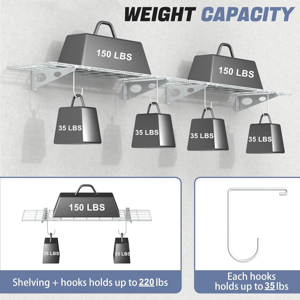 WALMANN 2-Pack Garage Wall Shelves, 1 x 4 ft/12 * 48 inch Wall Mounted Storage Shelves for Garage Heavy Duty Floating Shelving, Holds Up to 220 Lbs(White)
