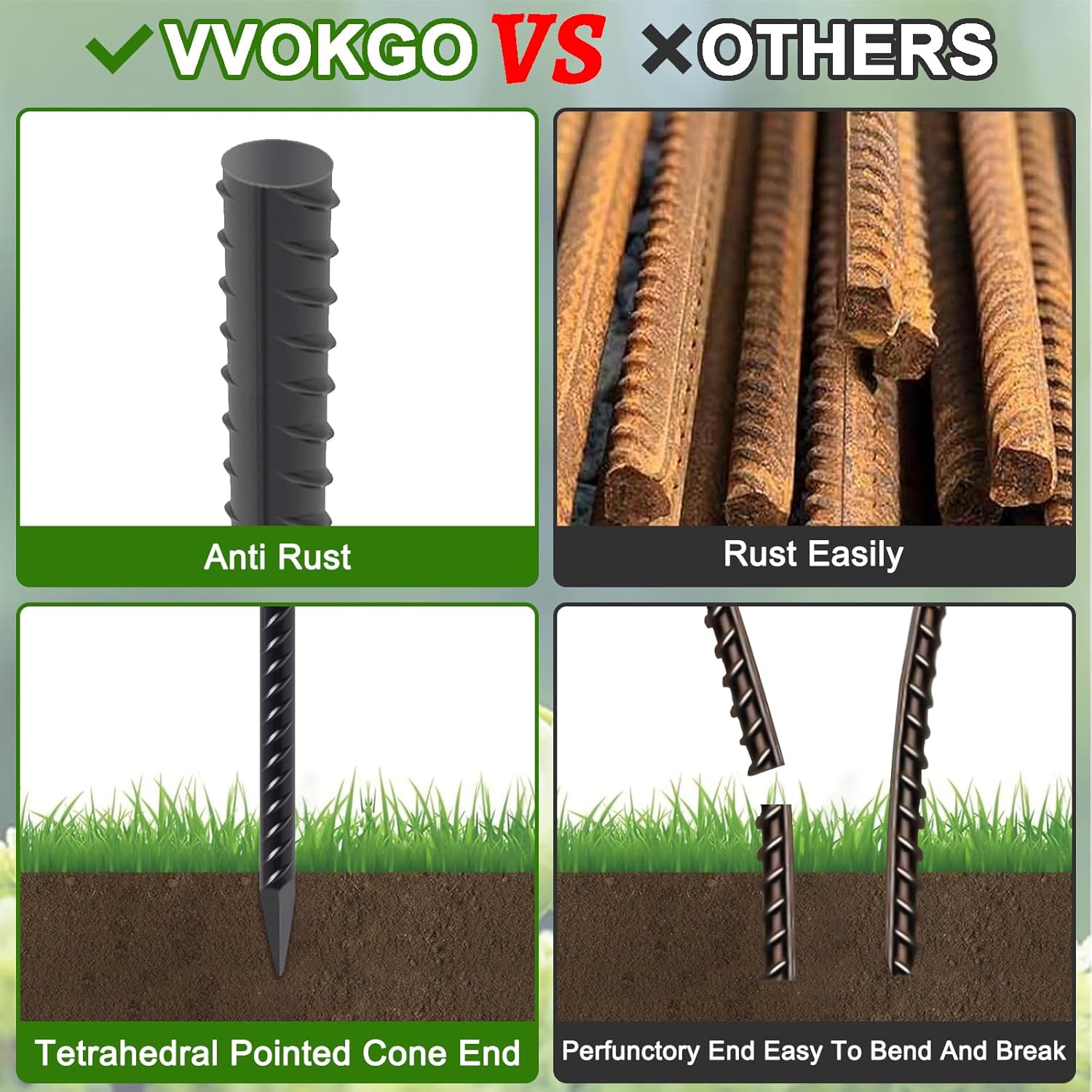 VVOKGO RebarStakes 36 Inch Ground Rebar Stakes (8 pcs), Heavy Duty Hook Ground Anchors, Steel Plant Support Garden Stake with Chisel Point end Black Plastic Spraying for Anti-Rust