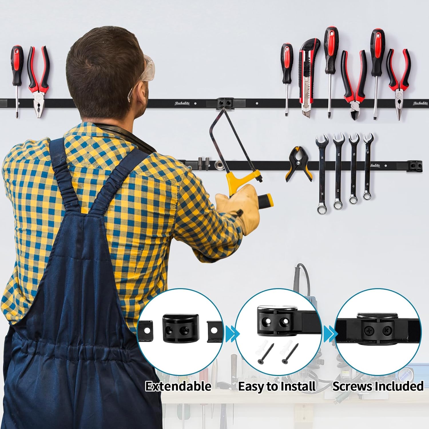 6 Pieces 12" Magnetic Tool Holder Strip, Black Magnet Bar, Metal Tool Organizer Rack for Garage Organization, Easy To Install in Workshop, Mounting Screws Included