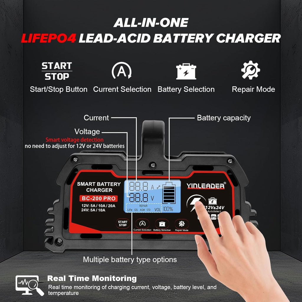 Battery Charger 20A, 12V/24V Lead Acid Smart Battery Charger, 12V LiFePO4 Car Battery Trickle Charger, Automatic Battery Maintainer for Car Motorcycle Lawn Mower Marine Boat Lead Acid Batteries