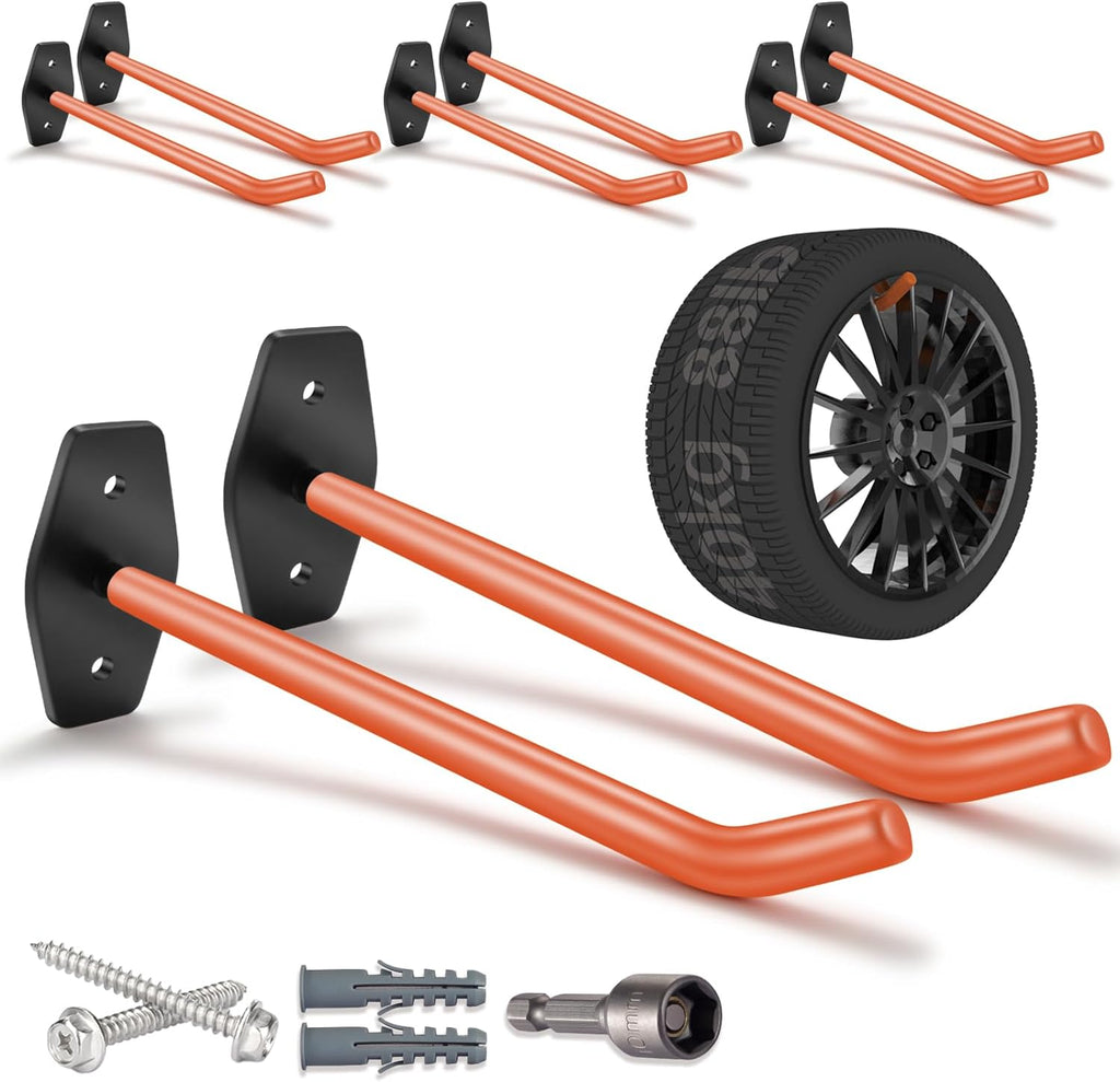 8 PCS Garage Hooks Heavy Duty Wall Mount, Tire Storage System with Anti-Slip Coating, Hang Heavy Tools for up to 88Lbs, for Bikes, Ladders, Chairs and Bulky Tools