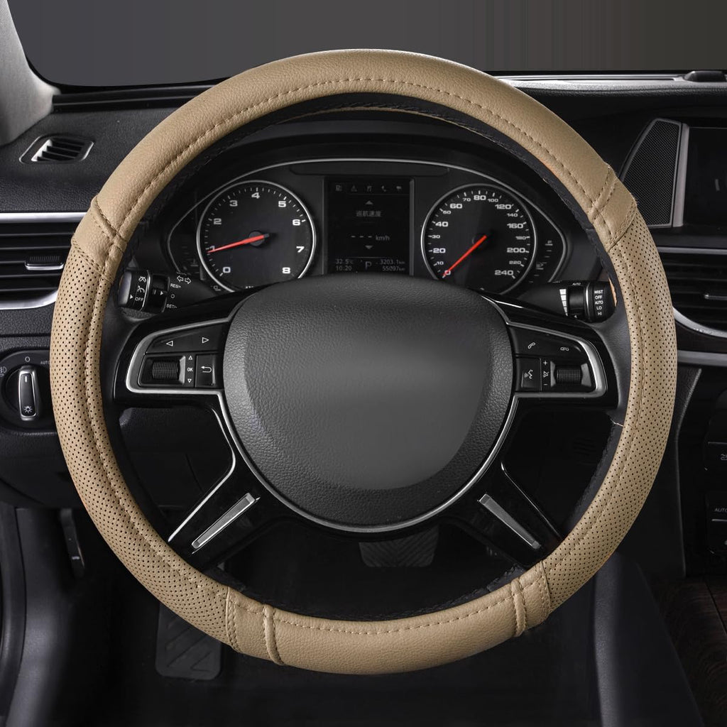 Car Pass Classical Leather Automotive Universal Steering Wheel Covers,Universal Fit for Suvs,Trucks,Sedans,Cars,Vans,14.5-15inch Anti-Slip Safety Comfortable Desgin(Beige)