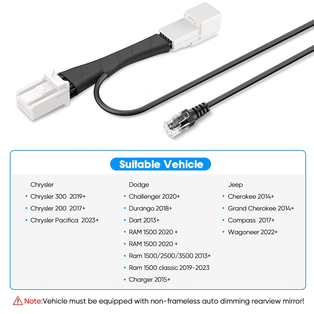 Radar Detector Power Adapter RJ11 Plug (10P Type C) Compatible with Dodge RAM,Charger,Challenger,Grand Cherokee,Chrysler,with Auto-dimming Rearview Mirror,Radar Detector Adapter Cable,Clean Install