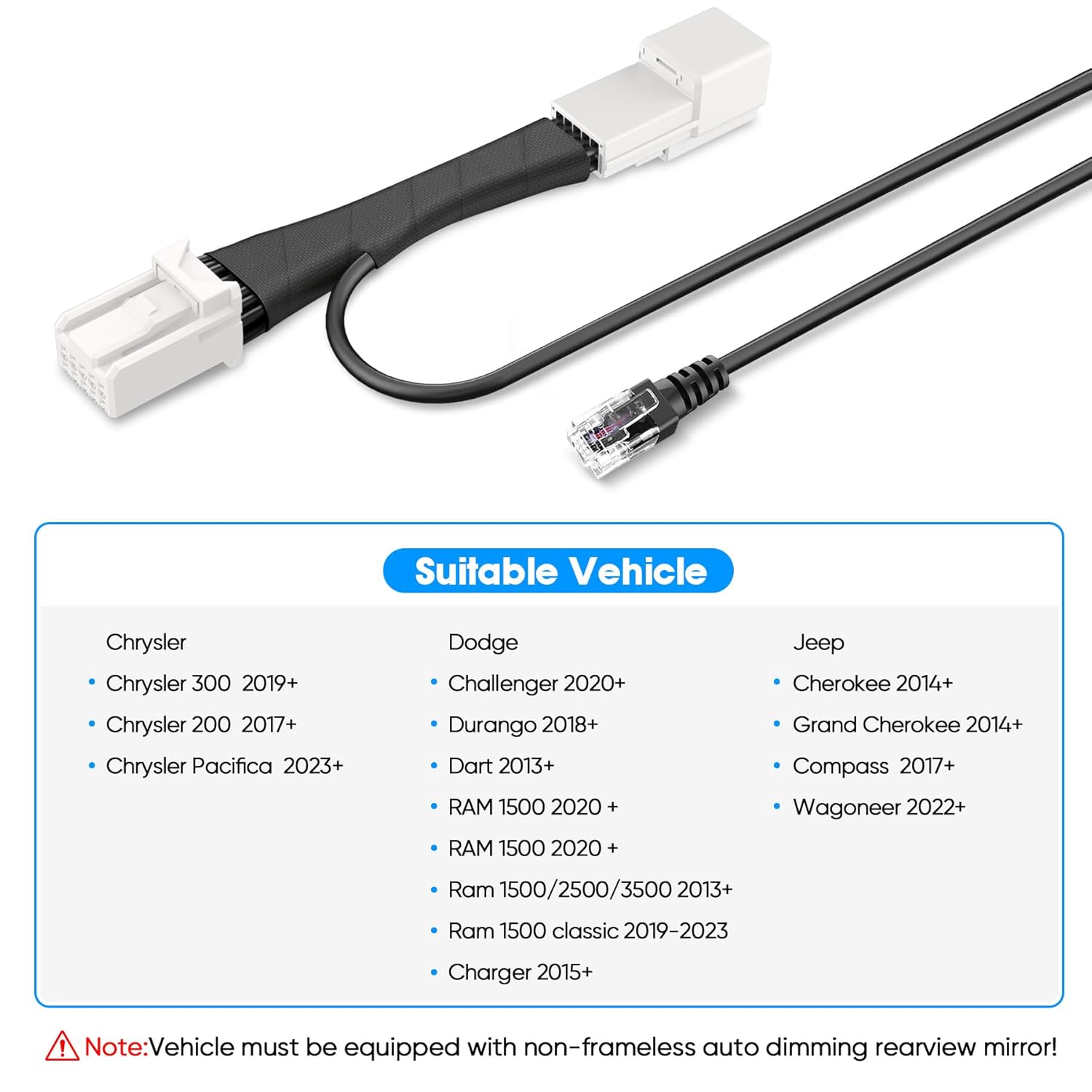 Radar Detector Power Adapter RJ11 Plug (10P Type C) Compatible with Dodge RAM,Charger,Challenger,Grand Cherokee,Chrysler,with Auto-dimming Rearview Mirror,Radar Detector Adapter Cable,Clean Install
