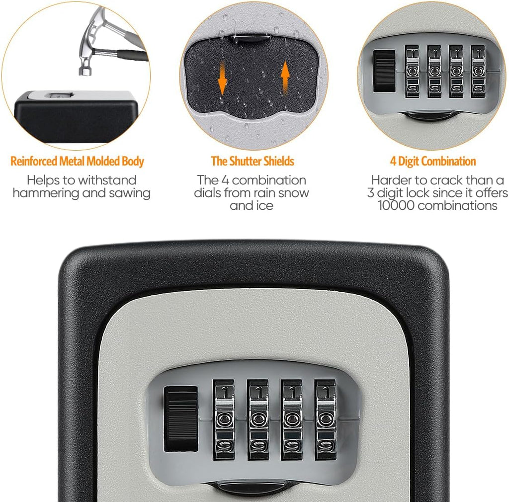 Key Lock Box Wall Mounted, Fayleeko 4 Digit Combination Lockbox for Outside, House Keys - 5 Keys Capacity, Key Safe Security Storage Lock Box for Indoor, Outdoor, Garage, Garden, Store (Grey, 4Pack)