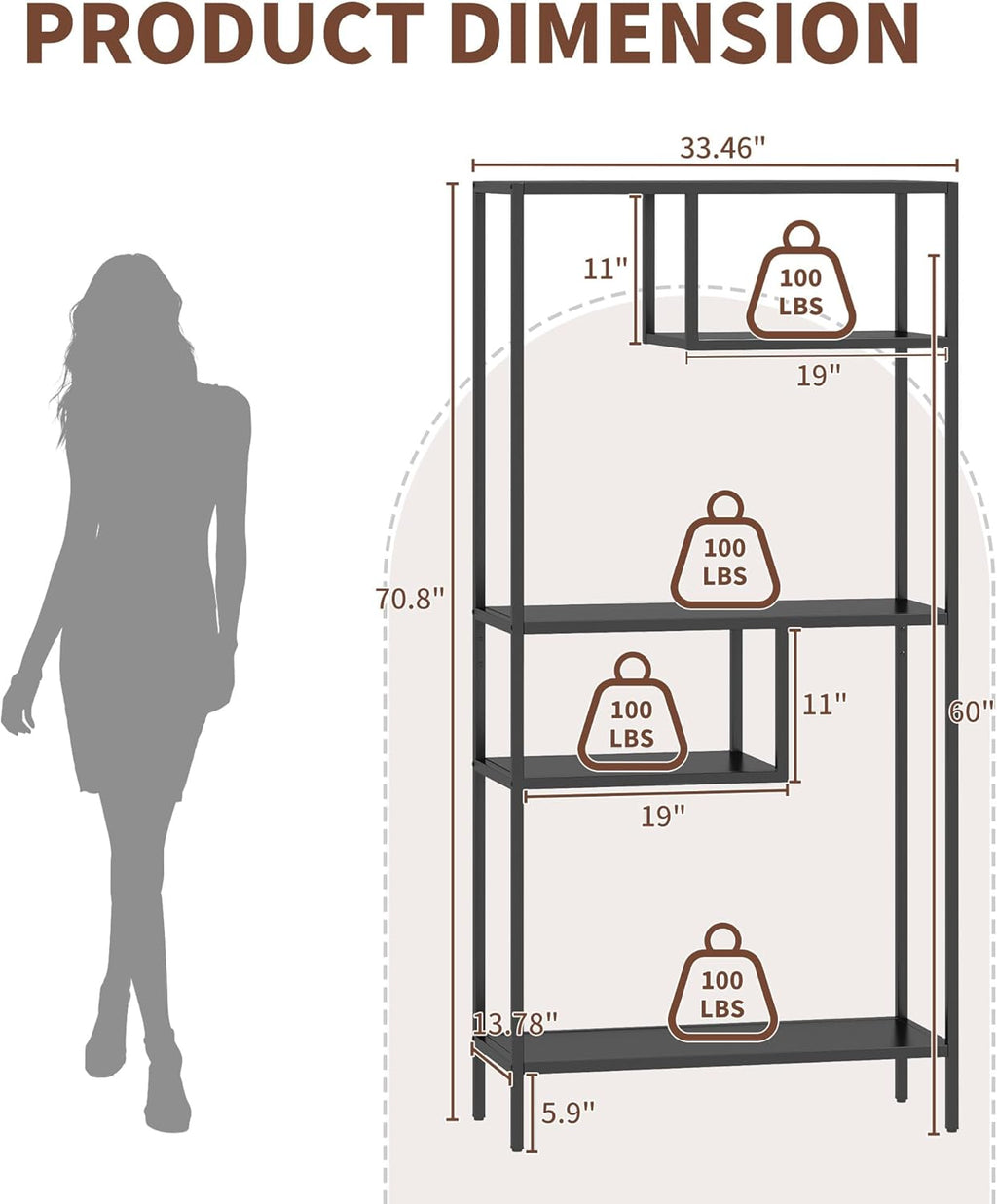 Metal Storage Shelving Unit, Decorative Geometric Bookcase, Modern Freestanding Display Shelves, Tall Book Shelf Unit for Living Room Bedroom Office, Easy Assembly