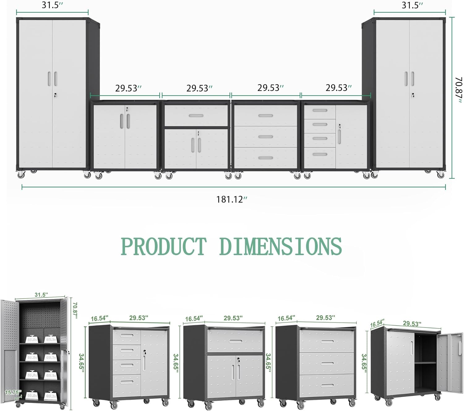 Metal Tool Cabinet,Garage Storage Cabinet System,Wall Cabinet & Locking Rolling Tool Cabinet with Doors and Adjustable Shelves,Steel Tool Cabinets for Home,Office (6 Pcs-StyleA, Black & Grey)