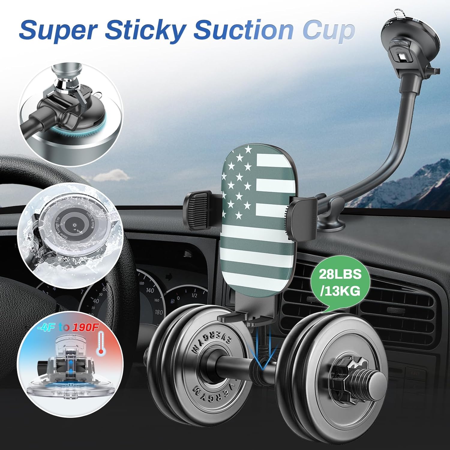 OQTIQ Phone Mount for Car [Gooseneck 13" Long Arm] Car Phone Holder for Dashboard, Windshield, Strong Suction Cup Cell Phone Holder for Car Truck (Patriotic Flag)